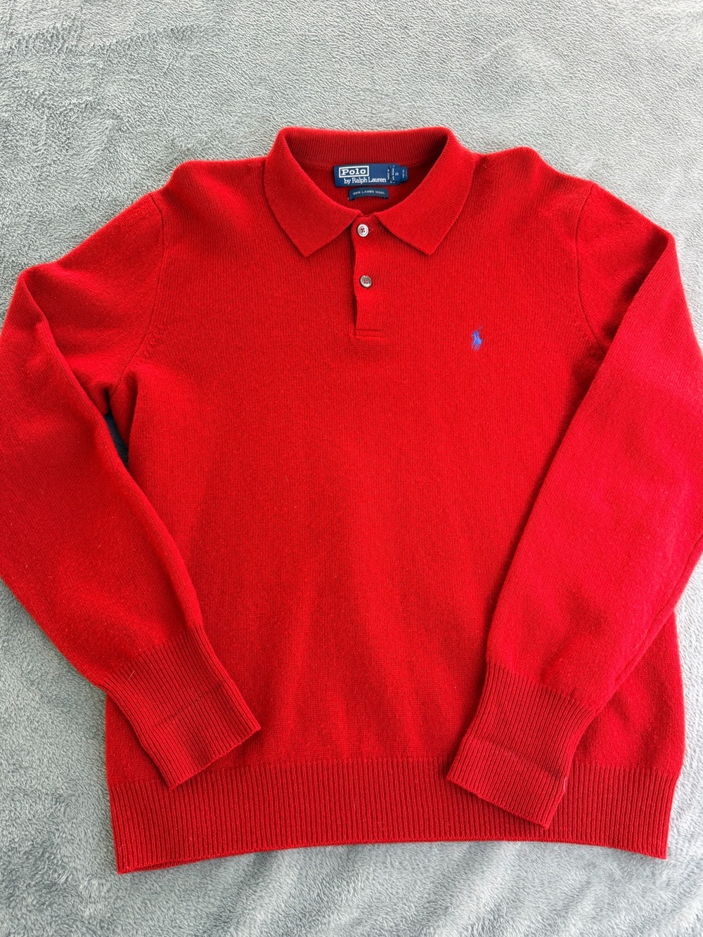 Polo Ralph Lauren Red Lambswool Knit Polo Sweater Men’s Large Blue Pony
